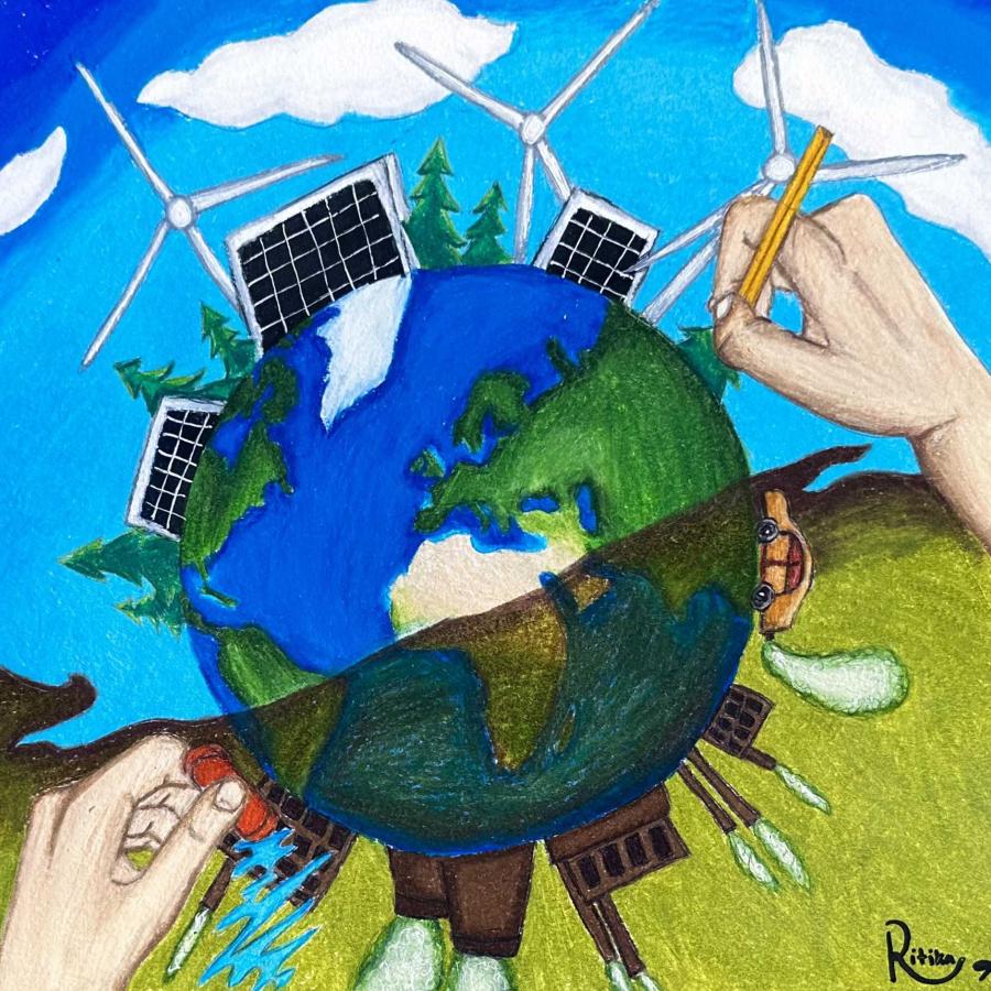 Colored pencil drawing by 8th grader Ritika S. depicting a globe with hand erasing pollution on one side of globe while the other hand redraws action to restore the earth's future.